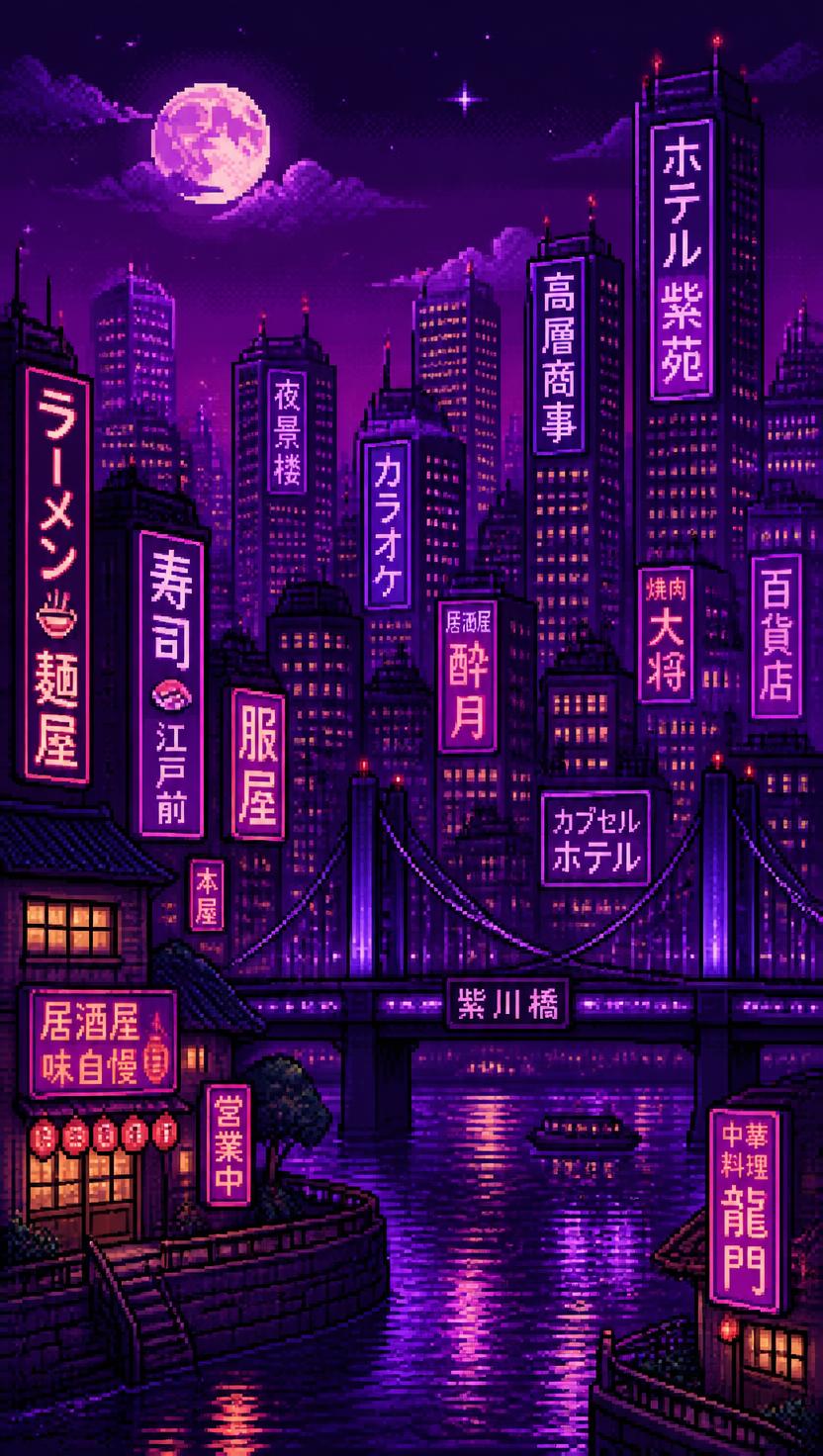 Cidade noturna em pixel art 16 bits com letreiros em tons de roxo